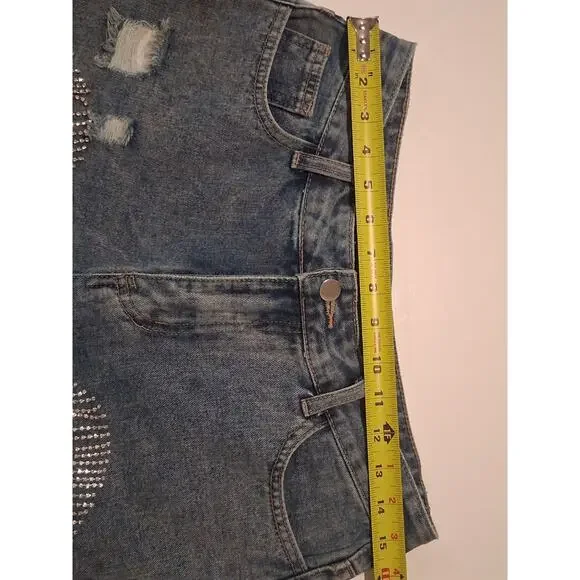 Windsor Rhinestone Fringe Denim Shorts High Waist Distressed Festival Bling M - Picture 6 of 8
